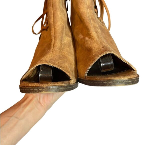 93 Vintage Womens Open Toe Ankle Boots Lace Up Tan Side Zip Vegan 9.5 - Picture 7 of 16